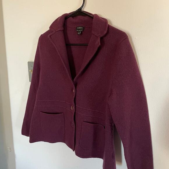 Talbots 100% Pure Merino Wool SZ XL Plum Three Button Pocket Sweater Blazer EUC - Picture 5 of 7